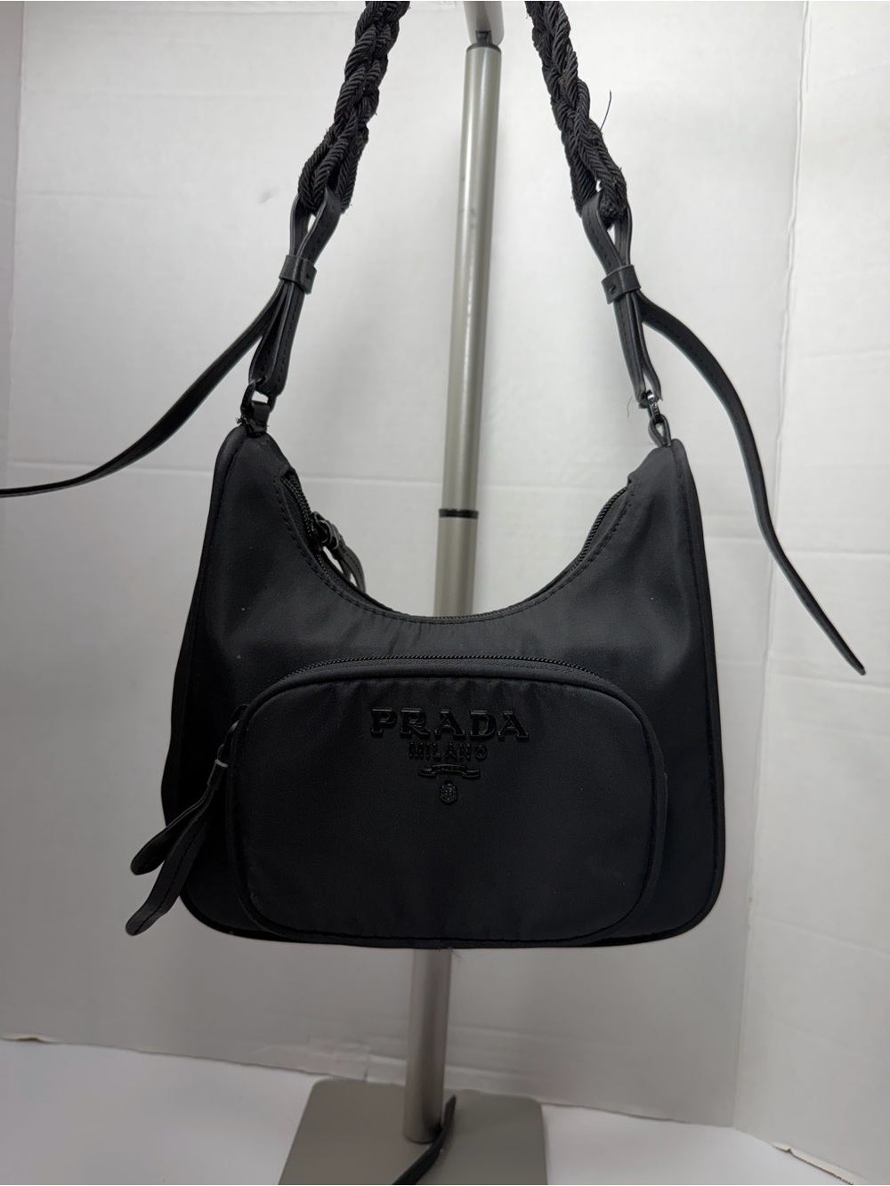Prada Black Nylon Shoulder Bag with Braided Strap and crossbody,strap reenforced